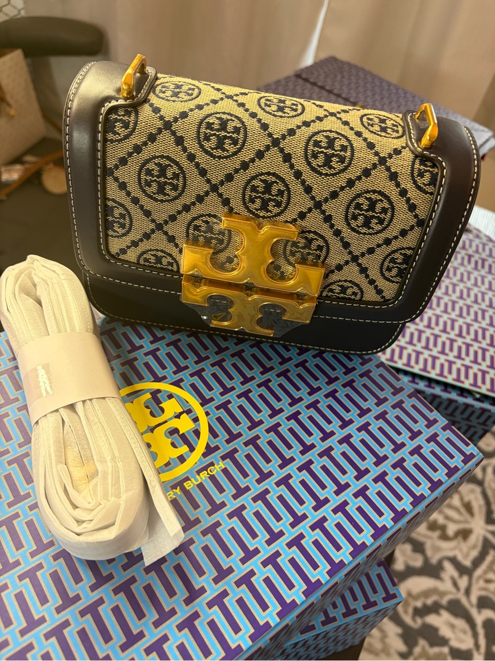 Tory Burch Beige Canvas Logo Crossbody with Black Leather Trim
